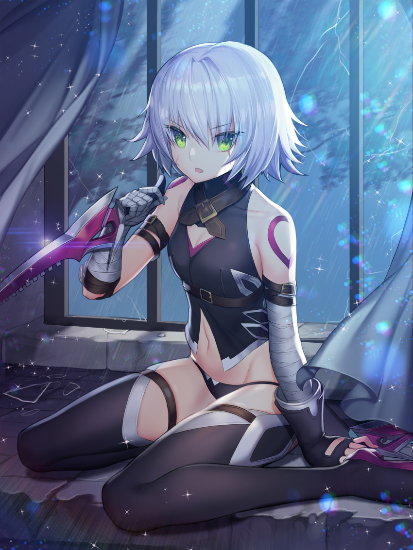 1girl bandage bandaged_arm bandages bangs bare_shoulders black_footwear black_gloves black_legwear black_panties black_shirt blush boots breasts clouds cloudy_sky commentary_request curtains dagger eyebrows_visible_through_hair fate/apocrypha fate/grand_order fate_(series) fingerless_gloves gloves green_eyes hair_between_eyes hayanpool highres holding holding_dagger holding_weapon indoors jack_the_ripper_(fate/apocrypha) looking_at_viewer navel panties parted_lips rain revision scar scar_across_eye shirt shoulder_tattoo silver_hair single_glove sitting sky sleeveless sleeveless_shirt small_breasts solo tattoo thigh-highs thigh_boots underwear wariza weapon window