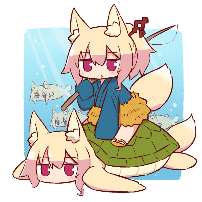 5girls animal_ear_fluff animal_ears bangs blonde_hair blue_kimono blush brown_footwear cosplay eyebrows_visible_through_hair fish fishing_rod fox_ears fox_girl fox_tail hair_between_eyes hair_ornament holding holding_fishing_rod japanese_clothes kemomimi-chan_(naga_u) kimono long_sleeves looking_at_viewer multiple_girls naga_u on_animal original parted_lips ponytail red_eyes sidelocks sitting sleeves_past_fingers sleeves_past_wrists solo tail turtle turtle_shell underwater urashima_tarou urashima_tarou_(cosplay) v-shaped_eyebrows water