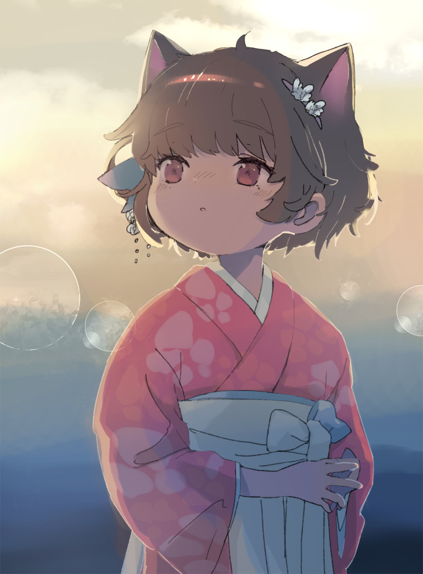 1girl :o ahoge animal_ears blush brown_eyes brown_hair cat_ears commentary_request flower hair_flower hair_ornament hatoba_tsugu hatoba_tsugu_(character) highres japanese_clothes kemonomimi_mode kimono long_sleeves obi parted_lips pink_kimono sash sha2mo short_hair solo virtual_youtuber white_flower wide_sleeves