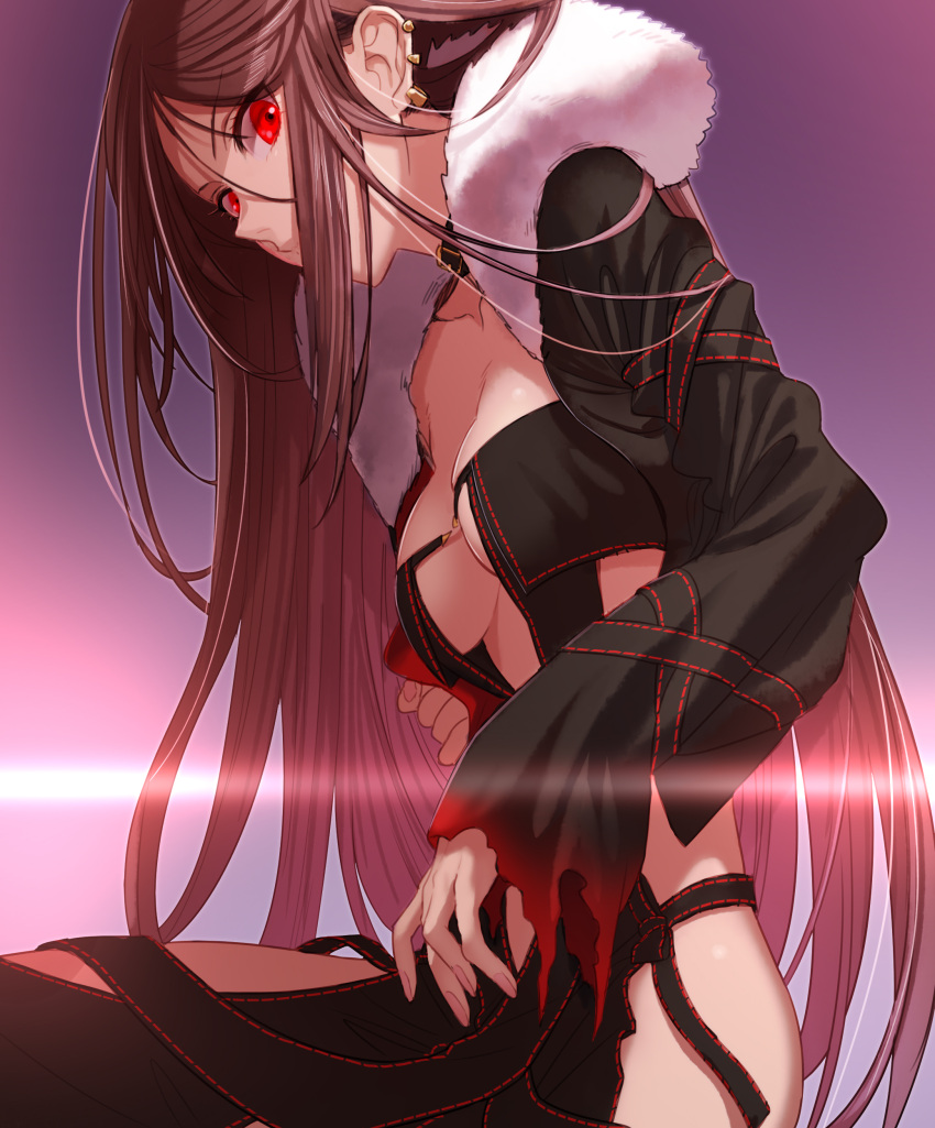 1girl absurdres black_collar black_dress black_jacket breasts brown_hair cleavage collar consort_yu_(fate) dress ear_piercing fate/grand_order fate_(series) fur-trimmed_jacket fur_trim highres hinomoto_madoka jacket long_hair long_sleeves looking_at_viewer medium_breasts piercing red_eyes revealing_clothes revision sleeves_past_wrists solo strapless strapless_dress very_long_hair