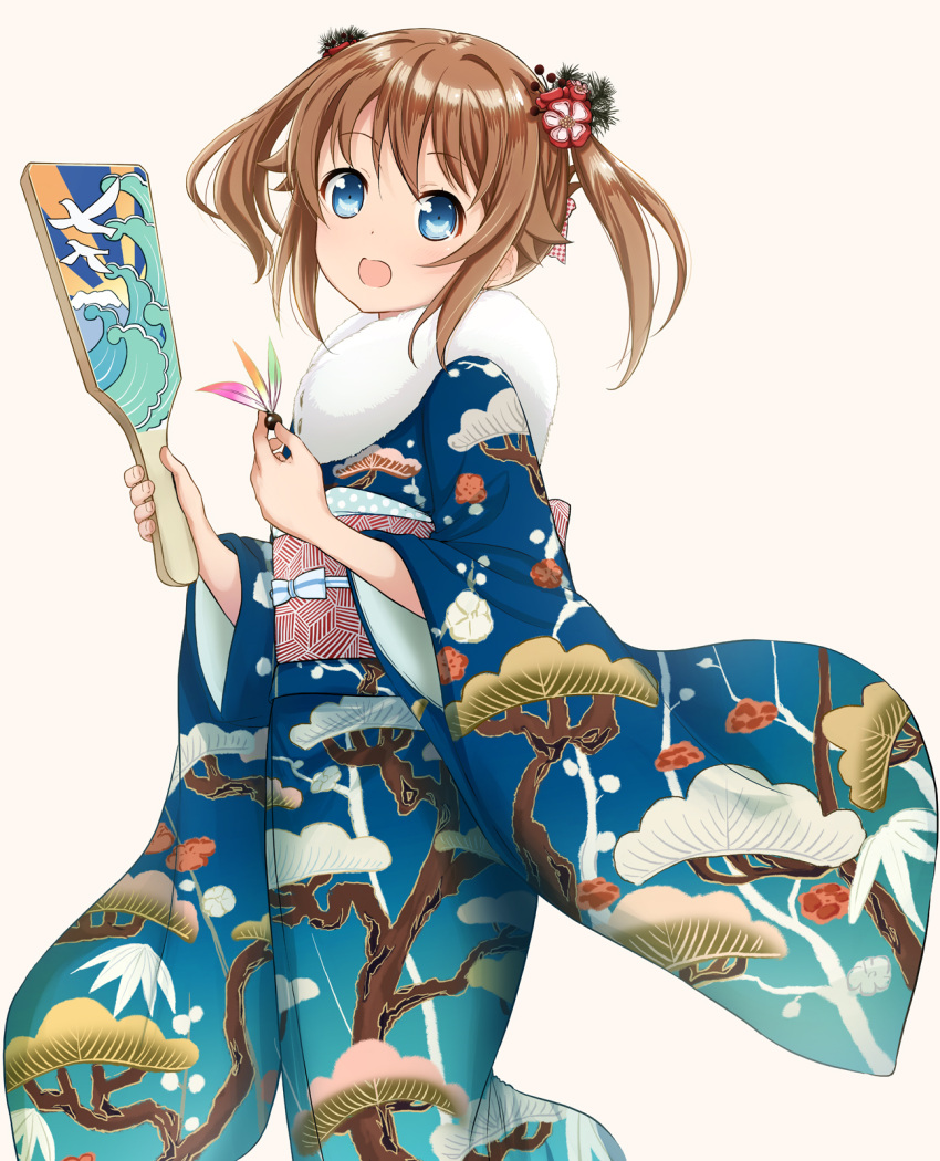1girl :d abe_kanari bangs blue_eyes blush brown_hair commentary_request eyebrows_visible_through_hair feet_out_of_frame flower fur_collar furisode hagoita hair_flower hair_ornament high_school_fleet highres holding japanese_clothes kimono looking_at_viewer medium_hair misaki_akeno obi open_mouth paddle print_kimono sash simple_background smile solo standing twintails wide_sleeves