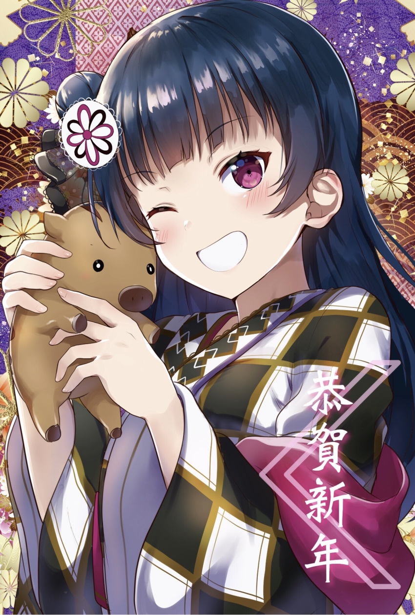 1girl ;d animal black_hair blue_hair blush boar floral_background hair_bun hair_ornament highres holding holding_animal japanese_clothes kimono lace_ribbon long_hair long_sleeves looking_at_viewer love_live! love_live!_sunshine!! mia_(fai1510) new_year one_eye_closed open_mouth red_eyes smile solo tsushima_yoshiko upper_body wide_sleeves yukata