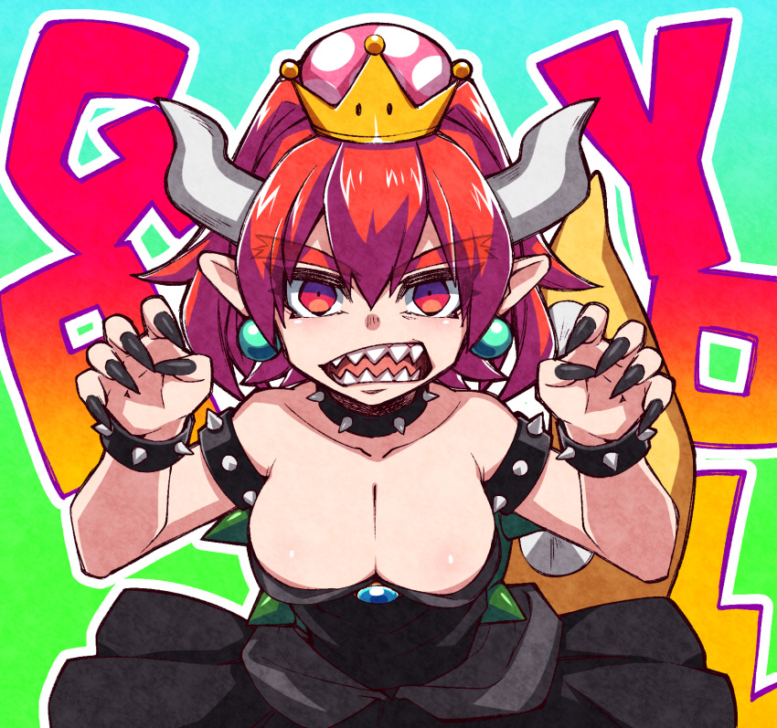 1girl alternate_eye_color alternate_hair_color background_text bangs bare_arms bare_shoulders black_collar black_dress black_nails borrowed_design bowsette bracelet breasts brooch claw_pose cleavage collar collarbone commentary_request constricted_pupils crown dress earrings eyebrows_visible_through_hair eyelashes eyes_visible_through_hair fingernails forked_eyebrows green_background green_earrings grey_horns hands_up high_ponytail highres horns jewelry large_breasts light_blush long_fingernails long_hair looking_at_viewer super_mario_bros. nail_polish new_super_mario_bros._u_deluxe nintendo open_mouth outline parted_bangs pointy_ears princess red_eyes redhead rom sapphire_(gemstone) sharp_fingernails sharp_teeth solo spiked_armlet spiked_bracelet spiked_collar spiked_shell spiked_tail spikes strapless strapless_dress super_crown tail tail_raised teeth thick_eyebrows tsurime turtle_shell upper_body very_long_fingernails white_outline