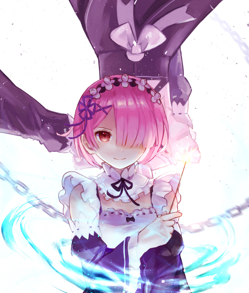 2girls black_ribbon black_sleeves choker detached_sleeves flower hair_flower hair_ornament hair_over_one_eye hair_ribbon head_wreath highres holding holding_wand long_sleeves looking_at_viewer maid multiple_girls neck_ribbon nomuraumu pink_hair purple_ribbon ram_(re:zero) re:zero_kara_hajimeru_isekai_seikatsu red_eyes rem_(re:zero) ribbon ribbon-trimmed_sleeves ribbon_trim shiny shiny_hair short_hair siblings sisters smile wand white_background white_flower