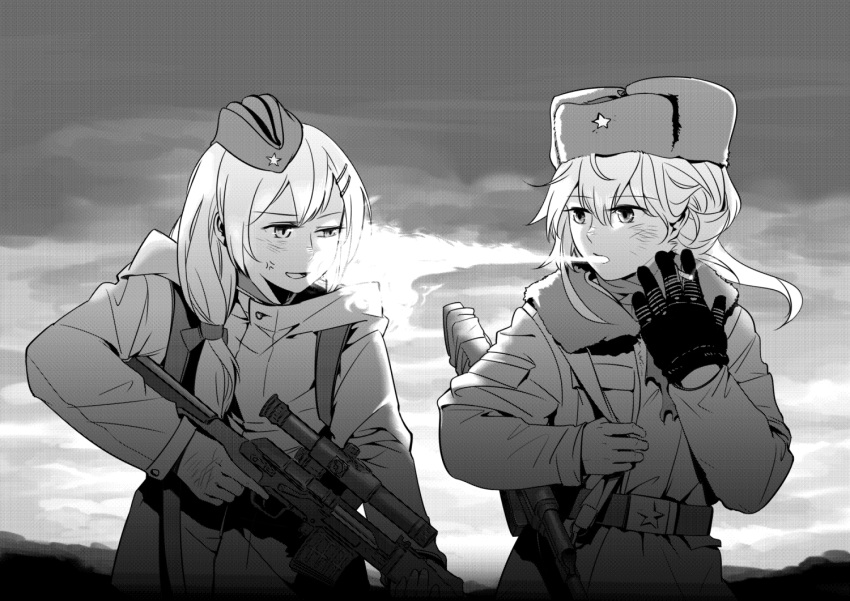 2girls ak47_(girls_frontline) anger_vein bangs belt blowing_smoke cigarette commentary_request dragunov_svd eyebrows_visible_through_hair fur_hat girls_frontline gloves greyscale gun hair_between_eyes hair_ornament hairclip hat holding holding_gun holding_weapon long_hair messy_hair military military_uniform military_vehicle monochrome multiple_girls mush rifle scope single_glove sling smile smoke sniper_rifle star svd_(girls_frontline) trigger_discipline twintails uniform ushanka weapon winter_clothes
