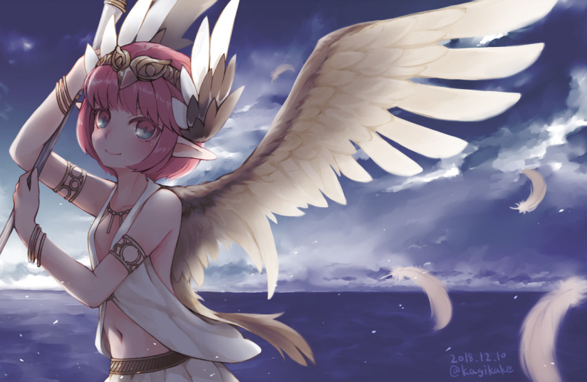 1girl bangle bare_shoulders blue_eyes bracelet circe_(fate/grand_order) circlet clouds cloudy_sky dated fate/grand_order fate_(series) feathers head_wings holding jewelry kazaguruma navel ocean open_clothes pink_hair pointy_ears short_hair sky solo twitter_username upper_body wings