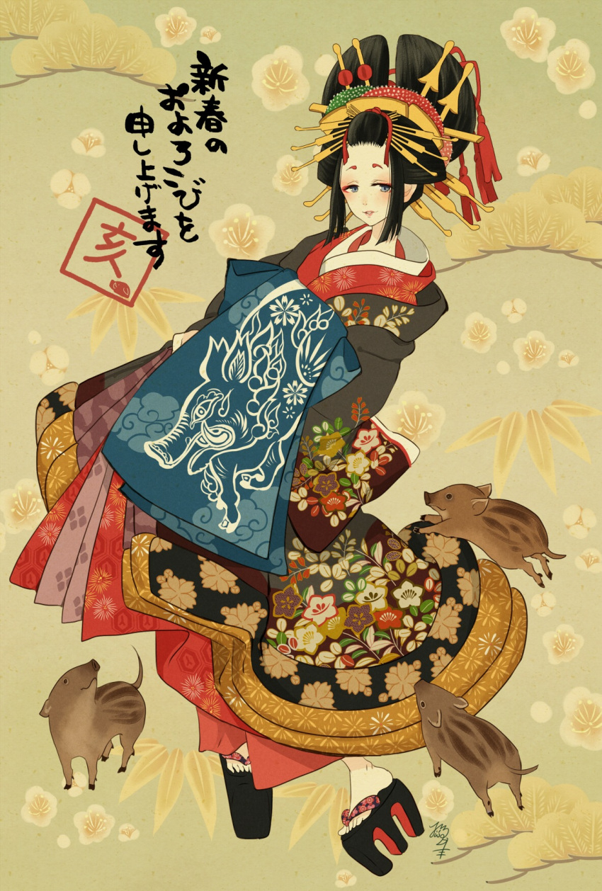 1girl animal bangs_pinned_back beige_background black_hair chinese_zodiac commentary_request floral_background floral_print full_body grey_eyes hair_ornament hair_stick half-closed_eyes headdress highres japanese_clothes kimono looking_at_viewer makeup nekozuki_yuki new_year oiran original parted_lips pig pig_print platform_footwear sandals sidelocks signature smile solo translated year_of_the_pig