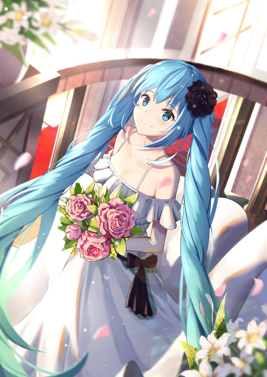 1girl bangs bare_shoulders black_flower black_rose blue_eyes blue_hair blurry blurry_background blush bouquet bow breasts brown_bow cleavage closed_mouth collarbone depth_of_field dress eyebrows_visible_through_hair flower hair_between_eyes hair_flower hair_ornament hatsune_miku highres holding holding_bouquet long_hair medium_breasts mobu_(wddtfy61) off-shoulder_dress off_shoulder pink_flower pink_rose railing rose smile solo twintails very_long_hair vocaloid white_dress white_flower