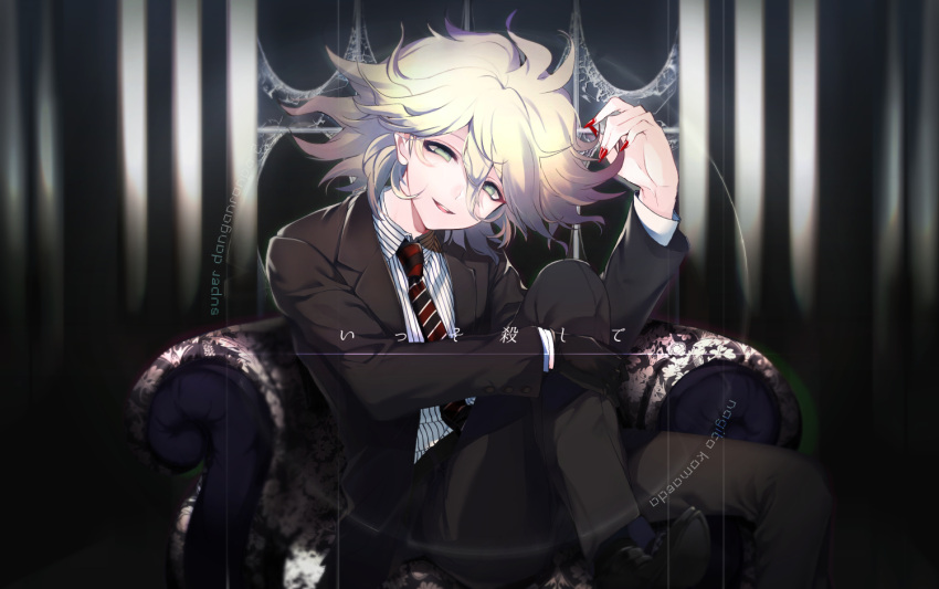 1boy ahoge alternate_costume arm_up armchair black_footwear black_gloves black_jacket black_legwear chair character_name commentary_request dangan_ronpa eyebrows_visible_through_hair fingernails formal gloves green_eyes half-closed_eyes hand_on_own_knee jacket kaname_akihito komaeda_nagito long_hair looking_at_viewer male_focus multicolored_neckwear nail_polish necktie open_eyes open_mouth red_nails shirt sitting solo striped striped_shirt suit super_dangan_ronpa_2 white_hair white_shirt