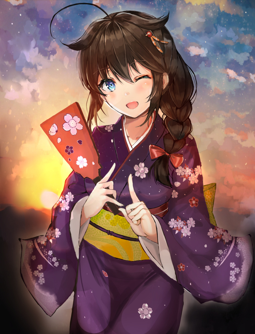 1girl ahoge bangs blue_eyes bow braid brown_hair cowboy_shot eriyama_(user_csua4255) floral_print hair_bow hair_flaps hair_ornament hair_over_shoulder highres holding japanese_clothes kantai_collection kimono long_hair looking_at_viewer obi one_eye_closed open_mouth outdoors purple_kimono red_bow remodel_(kantai_collection) sash shigure_(kantai_collection) sidelocks single_braid sky smile solo star_(sky) starry_sky