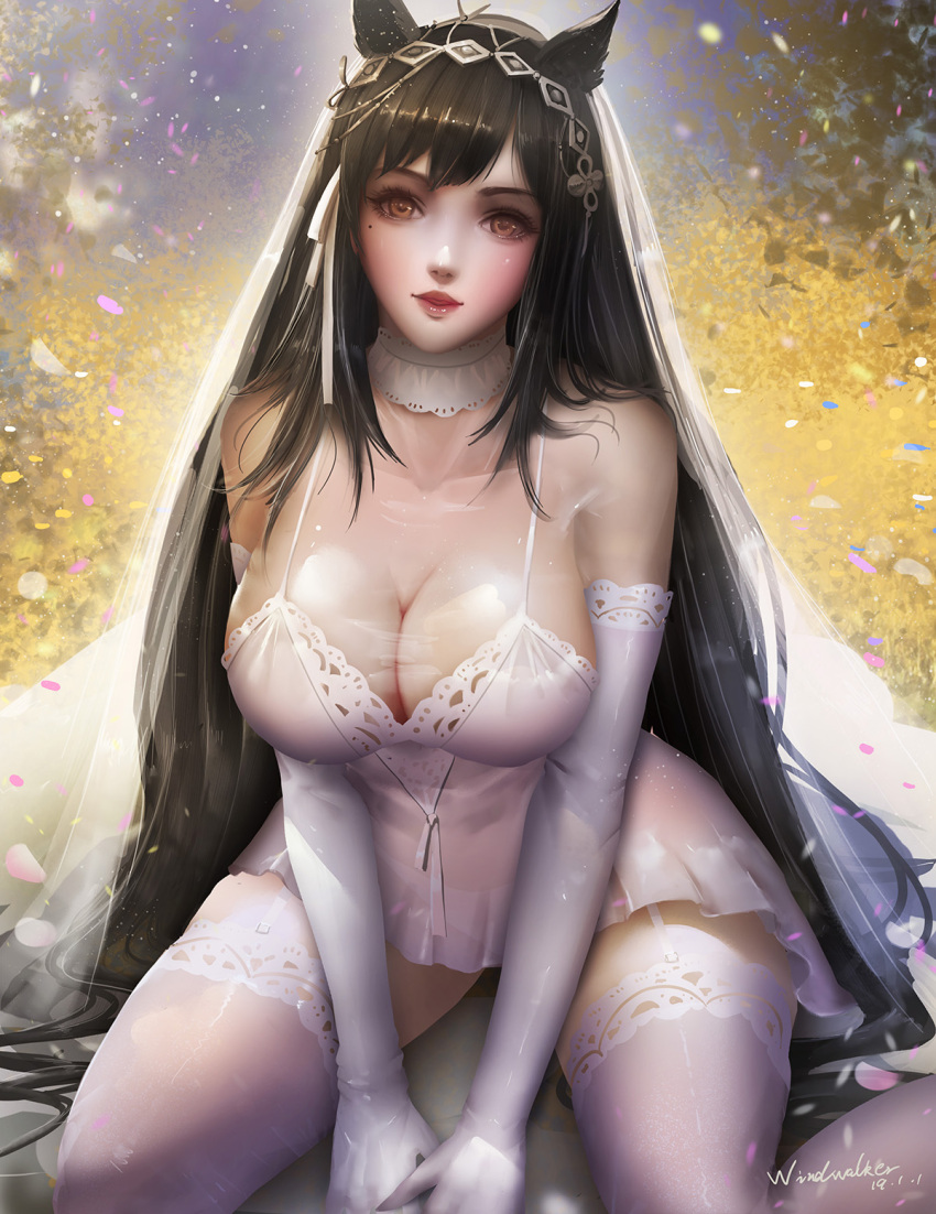 1girl animal_ears atago_(azur_lane) azur_lane bangs between_legs black_hair blush breasts bridal_gauntlets bridal_veil bride brown_eyes cleavage closed_mouth confetti dated dress expressions extra_ears eyebrows_visible_through_hair garter_straps gloves hair_ribbon hand_between_legs head_tilt high_heels highres jewelry kaze_no_gyouja large_breasts long_hair looking_at_viewer mole mole_under_eye open_mouth petals ribbon ring signature sitting smile solo swept_bangs taut_clothes taut_dress thigh-highs veil very_long_hair wedding_band wedding_dress white_dress white_footwear white_gloves white_legwear white_ribbon yokozuwari