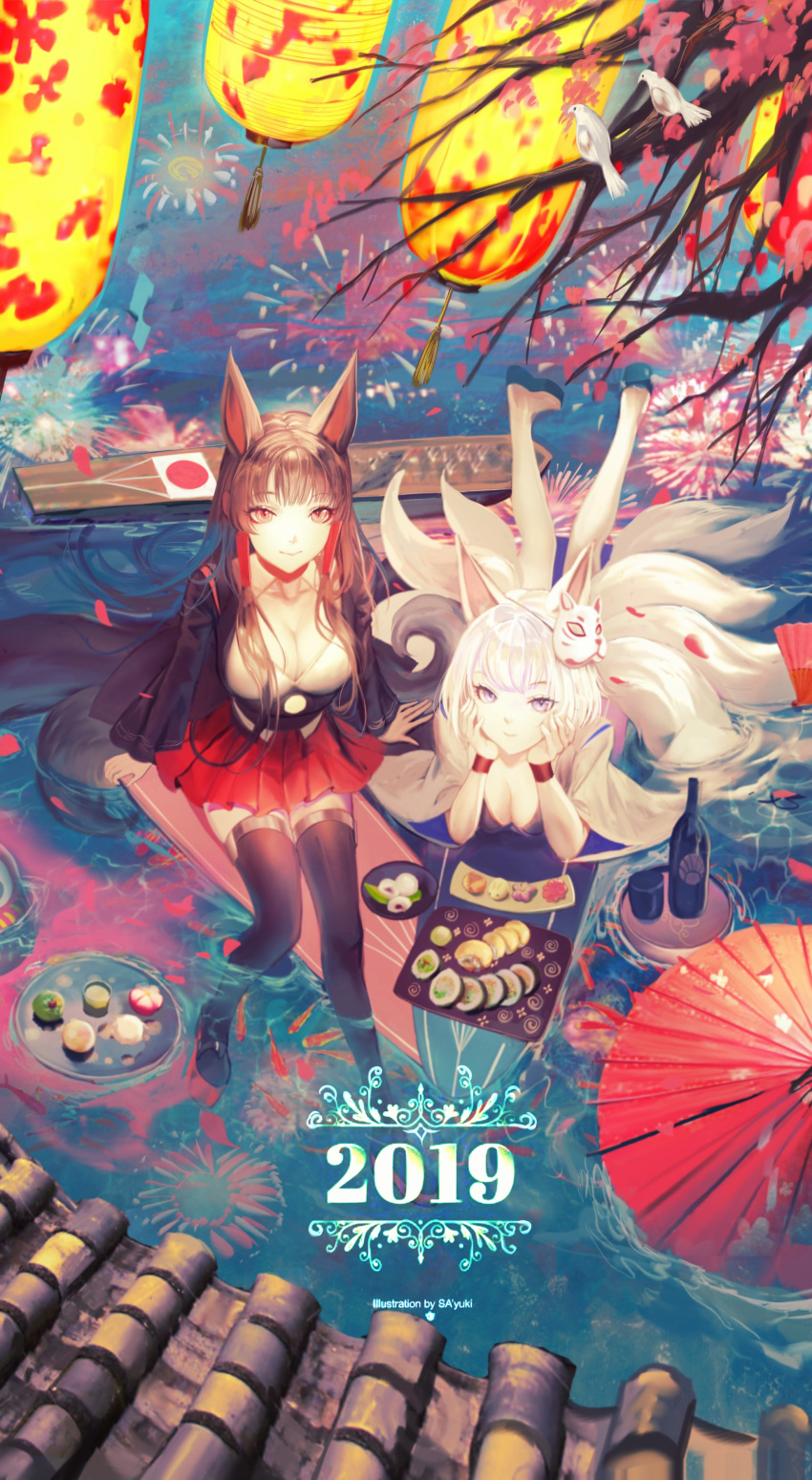 2019 2girls absurdres akagi_(azur_lane) animal_ears azur_lane bangs black_kimono blue_eyes blunt_bangs breasts cleavage eyeliner eyeshadow fox_ears fox_girl fox_mask fox_tail hakama_skirt highres japanese_clothes kaga_(azur_lane) kimono kitsune makeup mask mask_on_head multiple_girls multiple_tails red_eyes red_skirt sa'yuki skirt tail white_hair white_kimono wide_sleeves