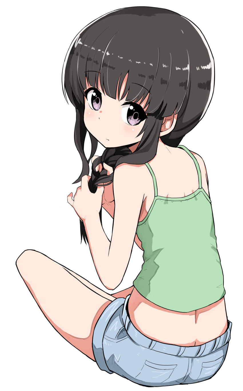 1girl absurdres alternate_costume black_hair braid closed_mouth denim denim_shorts eyebrows_visible_through_hair hair_over_shoulder highres kantai_collection kitakami_(kantai_collection) long_hair looking_at_viewer okitsugu short_shorts shorts single_braid sitting violet_eyes