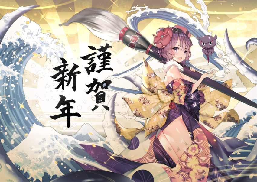 1girl bangs bare_shoulders blush breasts calligraphy_brush fate/grand_order fate_(series) flower hair_flower hair_ornament hairpin highres hips holding holding_paintbrush ink japanese_clothes katsushika_hokusai_(fate/grand_order) kimono looking_at_viewer new_year obi octopus off_shoulder open_mouth paintbrush purple_hair purple_kimono sash smile teddy_(khanshin) thighs tokitarou_(fate/grand_order) violet_eyes waves