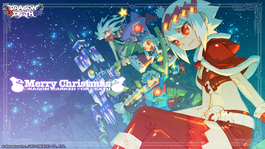 2boys 2girls arm_support breasts capelet christmas cleavage closed_mouth dragon:_marked_for_death empress_(dmfd) highres inti_creates merry_christmas midriff multiple_boys multiple_girls nakayama_tooru official_art red_eyes red_footwear red_legwear red_scarf sack santa_costume scarf shinobi_(dmfd) short_hair sidesaddle sitting smile thigh-highs wallpaper wand warrior_(dmfd) watermark white_hair witch_(dmfd)