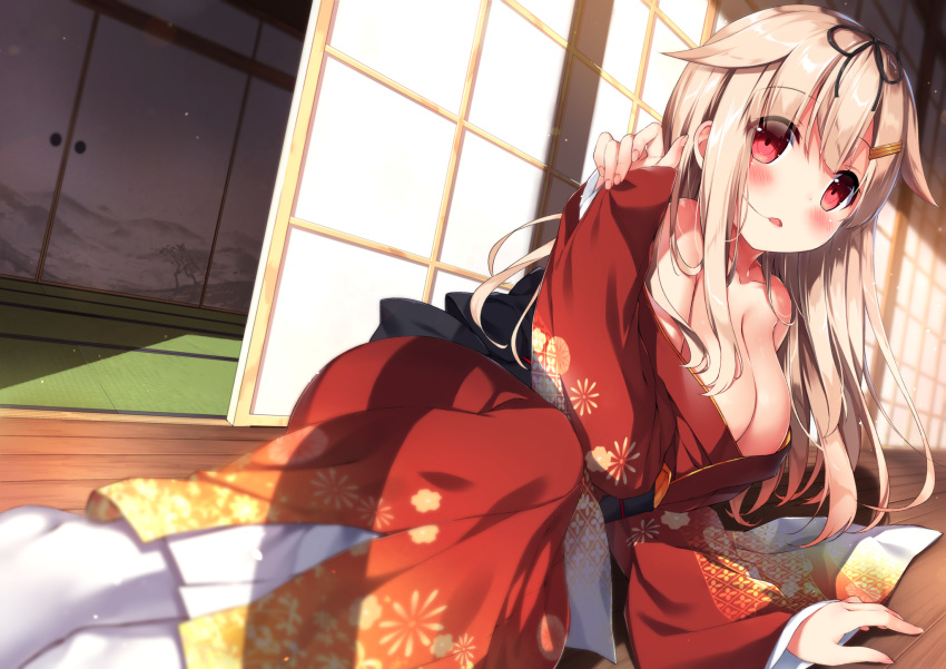 1girl alternate_costume black_ribbon blonde_hair blush breasts cleavage collarbone ezoshika floral_print hair_flaps hair_in_mouth hair_ornament hair_ribbon hairclip highres japanese_clothes kantai_collection kimono large_breasts long_hair long_sleeves looking_at_viewer obi off_shoulder open_mouth red_eyes red_kimono remodel_(kantai_collection) ribbon sash sliding_doors solo tatami white_legwear wooden_floor yuudachi_(kantai_collection)