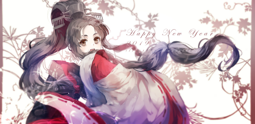 1girl 2019 black_hair brown_eyes from_behind hair_ribbon hakama headgear high_ponytail highres japanese_clothes kantai_collection kariginu kleinlight long_hair long_sleeves miko multi-tied_hair new_year nisshin_(kantai_collection) open_mouth radar_hair_ornament red_hakama red_ribbon ribbon ribbon-trimmed_sleeves ribbon_trim short_eyebrows smile solo thick_eyebrows tied_hair traditional_media upper_body very_long_hair white_background wide_sleeves