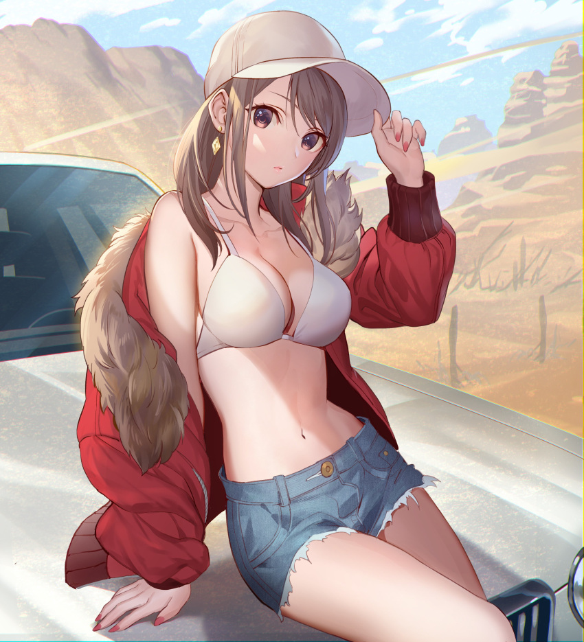 1girl absurdres arm_support bangs bare_shoulders blue_sky breasts brown_eyes brown_hair buttons car cleavage closed_mouth clouds collarbone commentary_request cutoffs day denim denim_shorts desert earrings fur-trimmed_jacket fur_trim ground_vehicle hand_on_headwear hand_up hat head_tilt highres jacket jewelry lipstick long_hair long_sleeves looking_at_viewer makeup medium_breasts motor_vehicle nail_polish navel off_shoulder open_clothes open_jacket original outdoors peaked_cap puffy_sleeves red_jacket red_nails short_shorts shorts sidelocks sitting sky solo stomach swept_bangs teffish thighs white_bikini_top white_hat zipper