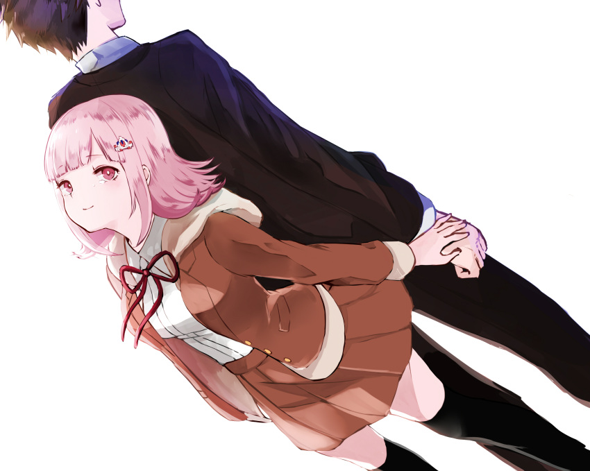 1boy 1girl bangs black_jacket black_legwear breasts brown_hair brown_jacket brown_skirt closed_mouth commentary_request daba_san dangan_ronpa eyebrows_visible_through_hair feet_out_of_frame flipped_hair formal from_behind hair_ornament hairclip highres hinata_hajime hood hoodie jacket large_breasts looking_at_viewer looking_up nanami_chiaki open_eyes pink_eyes pink_hair pleated_skirt red_ribbon ribbon school_uniform shirt short_hair simple_background skirt smile solo_focus standing suit super_dangan_ronpa_2 touching white_background white_shirt