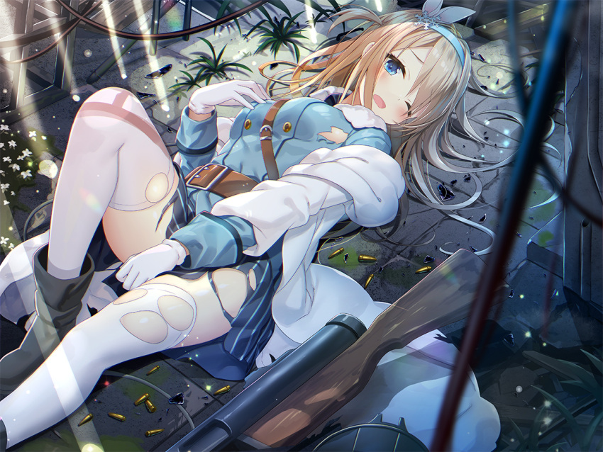 1girl bangs black_footwear blue_hairband blue_jacket blue_skirt blush boots breasts bullet commentary eyebrows_visible_through_hair flower girls_frontline gloves gun hair_between_eyes hair_ornament hairband hand_up jacket knee_up light_brown_hair long_hair long_sleeves looking_at_viewer lying medium_breasts object_namesake on_back one_eye_closed one_side_up open_mouth pleated_skirt revision skirt snowflake_hair_ornament solo striped submachine_gun sunlight suomi_kp/-31 suomi_kp31_(girls_frontline) thigh-highs torn_clothes torn_jacket torn_skirt vertical-striped_skirt vertical_stripes very_long_hair weapon white_flower white_gloves white_legwear yano_mitsuki