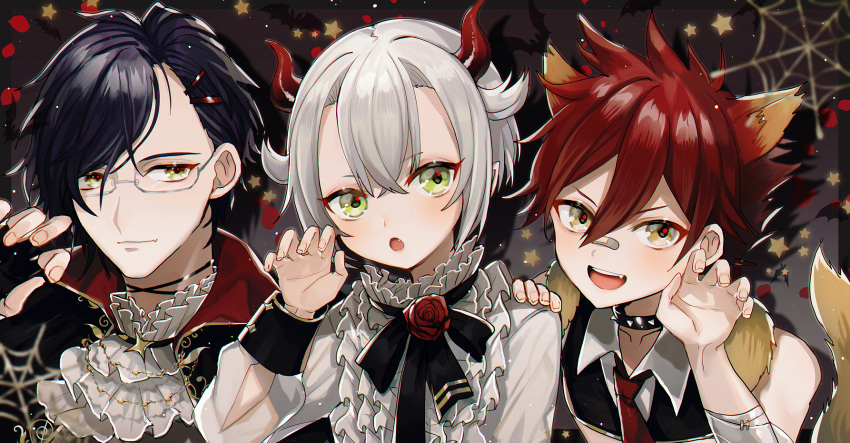 3boys :d :o abandon_ranka aizen_kunitoshi akashi_kuniyuki animal_ears collar collared_shirt cravat demon_horns flower frilled_shirt frills glasses green_eyes hair_ornament hairclip halloween hand_on_another's_shoulder highres horns hotarumaru male_focus multiple_boys necktie open_mouth purple_hair red_flower red_rose redhead rose shirt silk silver_hair smile spider_web spiked_collar spikes star tail touken_ranbu upper_body wolf_ears wolf_tail yellow_eyes