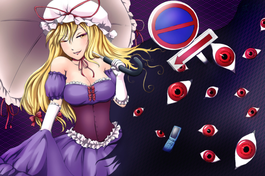 1girl artist_request bare_shoulders blonde_hair blush breasts cellphone choker cleavage colored_eyelashes corset detached_sleeves dress dress_grab elbow_gloves eyebrows_visible_through_hair eyes floating_hair frilled_gloves frills gap gloves hair_between_eyes hat hat_ribbon lipstick long_hair makeup medium_breasts mob_cap one_eye_closed parasol patterned_background phone puffy_short_sleeves puffy_sleeves purple_background purple_dress red_eyes red_lipstick reflective_eyes ribbon ribbon_choker ribbon_trim road_sign seductive_smile shiny shiny_hair shiny_skin short_sleeves sideways_glance sign smile solo strapless strapless_dress touhou umbrella very_long_hair white_gloves yakumo_yukari yellow_eyes