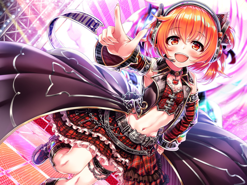 1girl :d blush boots breasts chains cleavage crop_top detached_sleeves eyebrows_visible_through_hair frilled_skirt frills hair_between_eyes hasumi_(hasubatake39) headphones headset highres index_finger_raised layered_skirt long_sleeves microphone midriff miniskirt navel open_mouth orange_eyes orange_hair original outstretched_arm purple_footwear red_skirt shiny shiny_hair short_hair skirt small_breasts smile solo stage stomach striped_sleeves thigh_strap