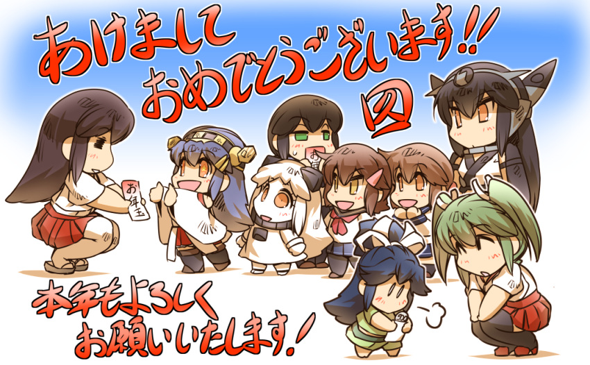 6+girls =_= akagi_(kantai_collection) arm_guards brown_eyes closed_eyes comic commentary_request crop_top detached_sleeves envelope folded_ponytail fubuki_(kantai_collection) green_eyes hair_between_eyes hair_ornament hair_ribbon hairclip hand_to_own_mouth haruna_(kantai_collection) hisahiko horns ikazuchi_(kantai_collection) inazuma_(kantai_collection) japanese_clothes kantai_collection katsuragi_(kantai_collection) long_hair long_sleeves multiple_girls nagato_(kantai_collection) nontraditional_miko northern_ocean_hime open_mouth orange_eyes outstretched_arms pantyhose pleated_skirt ponytail ribbon school_uniform serafuku shinkaisei-kan short_hair skirt smile squatting star star-shaped_pupils symbol-shaped_pupils thigh-highs translation_request twintails white_hair wide_sleeves younger zuikaku_(kantai_collection)