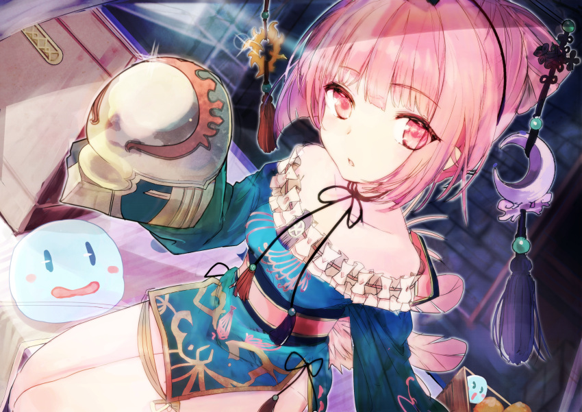 1girl atelier_(series) atelier_lydie_&amp;_suelle atelier_sophie bag bare_shoulders blue_dress china_dress chinese_clothes collarbone cornelia_(atelier) dress hair_ornament highres looking_at_viewer miniskirt pink_eyes pink_hair puni_(atelier) short_hair sitting skirt sleeves_past_wrists solo tatsukisan