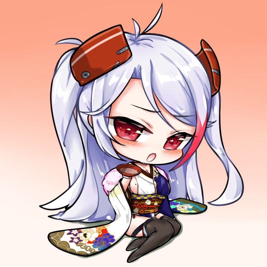 1girl alcohol azur_lane blue_kimono blush breasts brown_background brown_legwear chibi cleavage collarbone cup fur_collar gradient gradient_background head_tilt headgear highres holding holding_cup japanese_clothes kimono large_breasts limitlimlim long_hair long_sleeves looking_at_viewer mole mole_on_breast multicolored multicolored_clothes multicolored_hair multicolored_kimono no_shoes open_mouth prinz_eugen_(azur_lane) red_eyes redhead sakazuki sake sideboob silver_hair sitting solo streaked_hair thigh-highs very_long_hair white_background white_kimono wide_sleeves yokozuwari