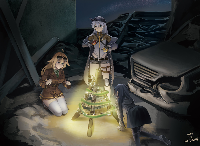 3girls all_fours ark_john_up artist_name aviator_sunglasses bandaid bandaid_on_face bandanna bangs black_hair blazer blonde_hair blue_eyes breasts christmas christmas_lights christmas_ornaments christmas_tree christmas_wreath coat commentary dated english_commentary eyewear_on_head fingerless_gloves girls_frontline gloves green_eyes green_neckwear gun hair_ornament hairband headwear highleg highleg_leotard highres holding jacket knee_pads leotard long_hair m1918_bar m1918_bar_(girls_frontline) machine_gun multiple_girls necktie pantyhose pleated_skirt school_uniform short_shorts shorts silver_hair skirt sky star_(sky) starry_sky sunglasses super_sass super_sass_(girls_frontline) thigh-highs thigh_strap vehicle weapon white_legwear white_leotard xm3_(girls_frontline) yellow_neckwear zipper