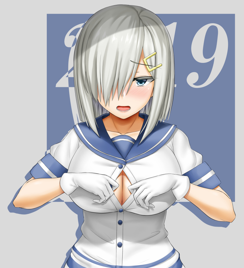 1girl 2019 absurdres abukobato blue_eyes blush breasts bursting_breasts collarbone gloves hair_ornament hair_over_one_eye hairclip hamakaze_(kantai_collection) hands_on_own_chest highres kantai_collection large_breasts long_sleeves looking_at_viewer open_mouth school_uniform serafuku shirt short_hair short_sleeves silver_hair solo white_gloves white_shirt