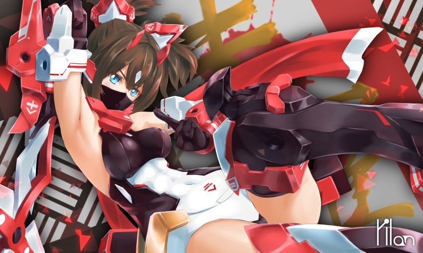 1girl armor artist_name asura_ninja bangs blue_eyes breasts brown_hair commentary_request face_mask highres leotard mask medium_breasts megami_device ninja ninja_mask red_scarf scarf short_hair sidelocks solo twintails yilan_un