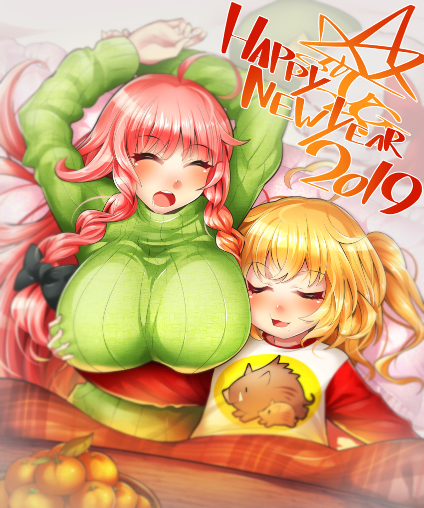 2019 2girls ahoge alternate_costume bangs black_bow blonde_hair blurry blush boar bow braid breast_grab breasts closed_eyes commentary_request drooling eyebrows_visible_through_hair flandre_scarlet food fruit grabbing green_hat green_sweater hair_bow happy_new_year hat hat_removed headwear_removed highres hong_meiling huge_breasts kotatsu long_hair long_sleeves lying mandarin_orange multiple_girls new_year on_back one_side_up open_mouth redhead shirt sleeping sweater table touhou turtleneck turtleneck_sweater twin_braids umigarasu_(kitsune1963) upper_body very_long_hair