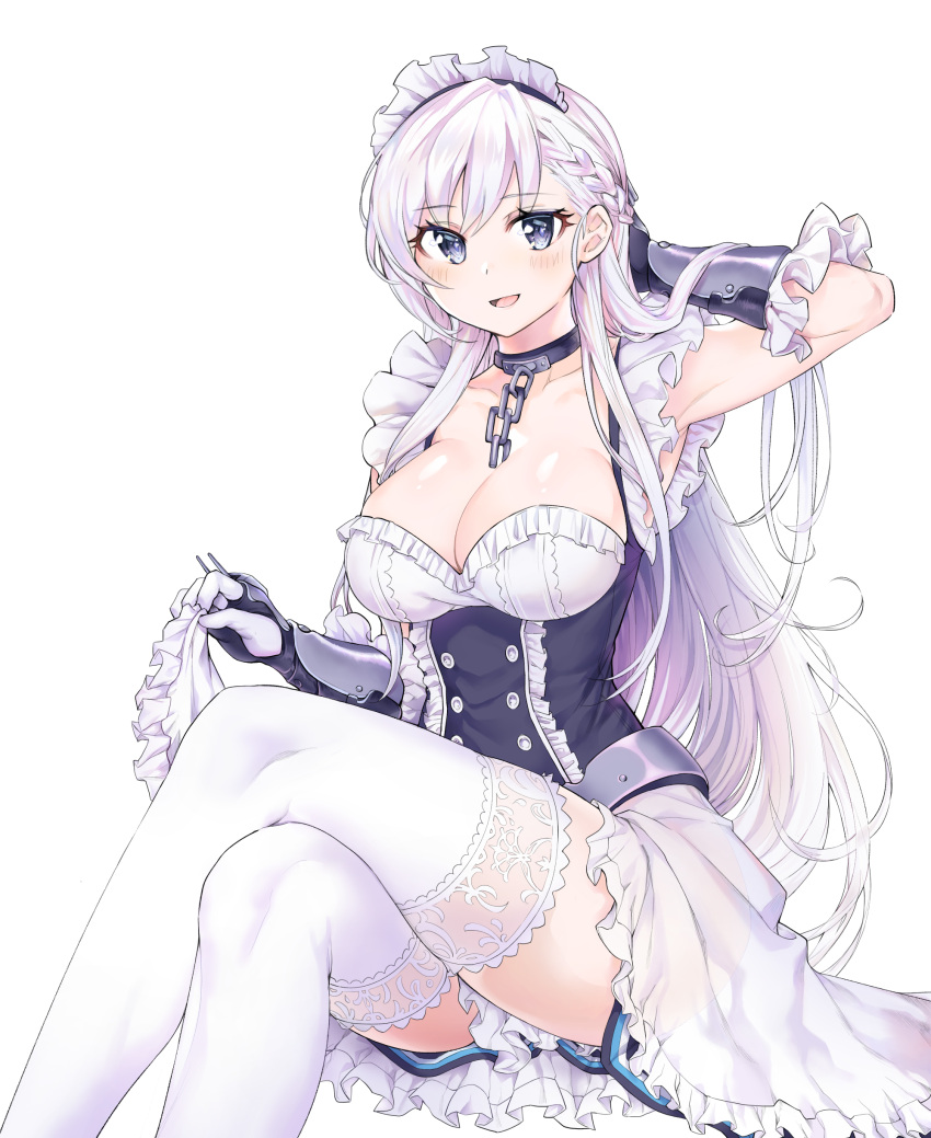 1girl absurdres arm_guards asymmetrical_bangs azur_lane bangs belfast_(azur_lane) blue_eyes braid breasts center_frills chains cleavage collar collarbone corset cpqm dress eyebrows_visible_through_hair french_braid frilled_dress frilled_gloves frilled_skirt frills gloves hand_behind_head hand_on_own_head highres hips invisible_chair large_breasts legs_crossed long_hair looking_at_viewer maid maid_headdress open_mouth petticoat see-through simple_background sitting skirt smile solo thigh-highs thighs very_long_hair white_background white_dress white_gloves white_hair white_legwear