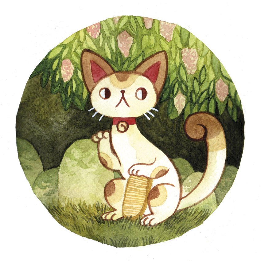 1girl bell bell_collar cat collar commentary english_commentary full_body grass heikala highres leaf looking_to_the_side maneki-neko no_humans original rock solo traditional_media watercolor_(medium)