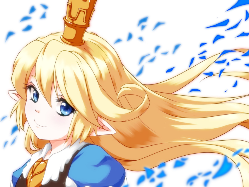 1girl blonde_hair blue_eyes charlotta_fenia closed_mouth commentary_request crown floating_hair from_side granblue_fantasy hair_between_eyes harvin highres long_hair looking_at_viewer pointy_ears smile solo tiyano upper_body white_background