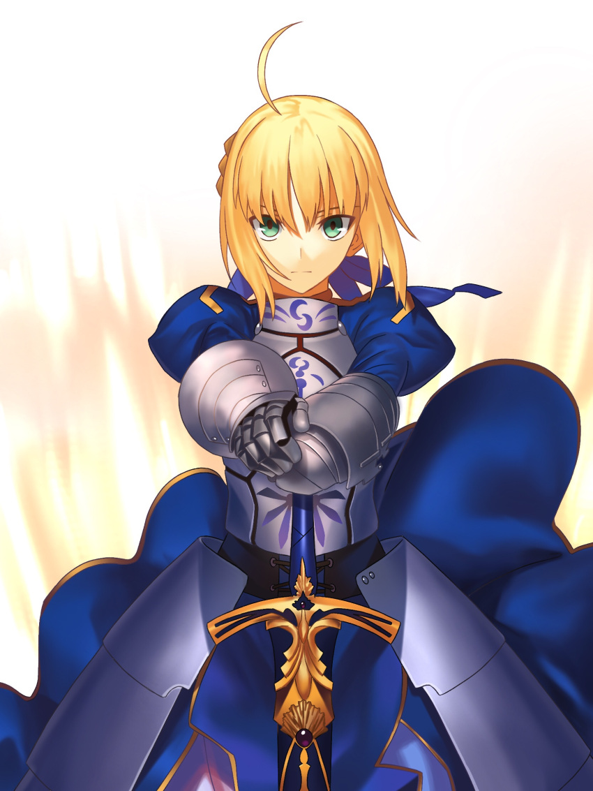 1girl ahoge armor armored_dress artoria_pendragon_(all) berrykanry blonde_hair blue_dress blue_ribbon braid dress excalibur fate/stay_night fate_(series) faulds gauntlets green_eyes hair_between_eyes hair_ribbon hands_on_hilt highres looking_at_viewer ribbon saber short_hair solo standing