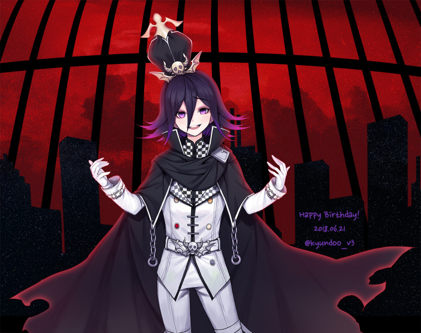 1boy alternate_headwear artist_name bat_wings belt black_coat checkered checkered_scarf coat commentary_request dangan_ronpa demon_horns eyebrows_visible_through_hair feet_out_of_frame flipped_hair hair_between_eyes happy_birthday hat horns jacket kyundoo long_sleeves looking_at_viewer male_focus medium_hair new_dangan_ronpa_v3 number open_eyes open_mouth ouma_kokichi purple_hair scarf skull smile solo standing straitjacket teeth tongue twitter_username violet_eyes white_belt white_jacket white_legwear wings