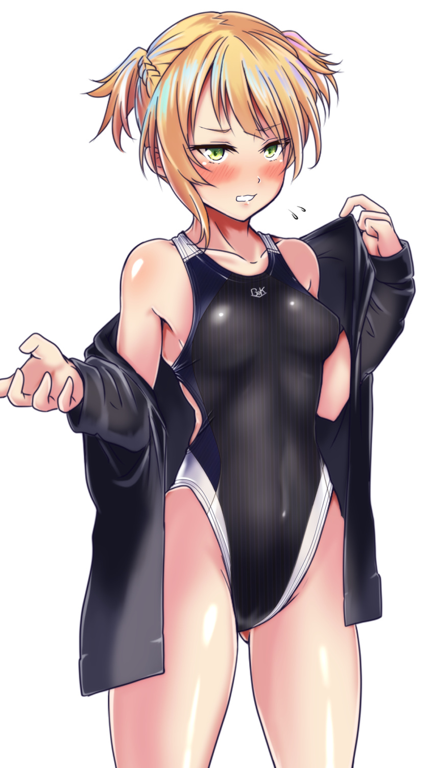 1girl aiuchi black_swimsuit blonde_hair blush breasts collarbone competition_swimsuit cowboy_shot girls_frontline gluteal_fold green_eyes highleg highleg_swimsuit highres jacket looking_at_viewer medium_breasts one-piece_swimsuit parted_lips short_hair simple_background solo standing swimsuit twintails welrod_mk2_(girls_frontline) white_background
