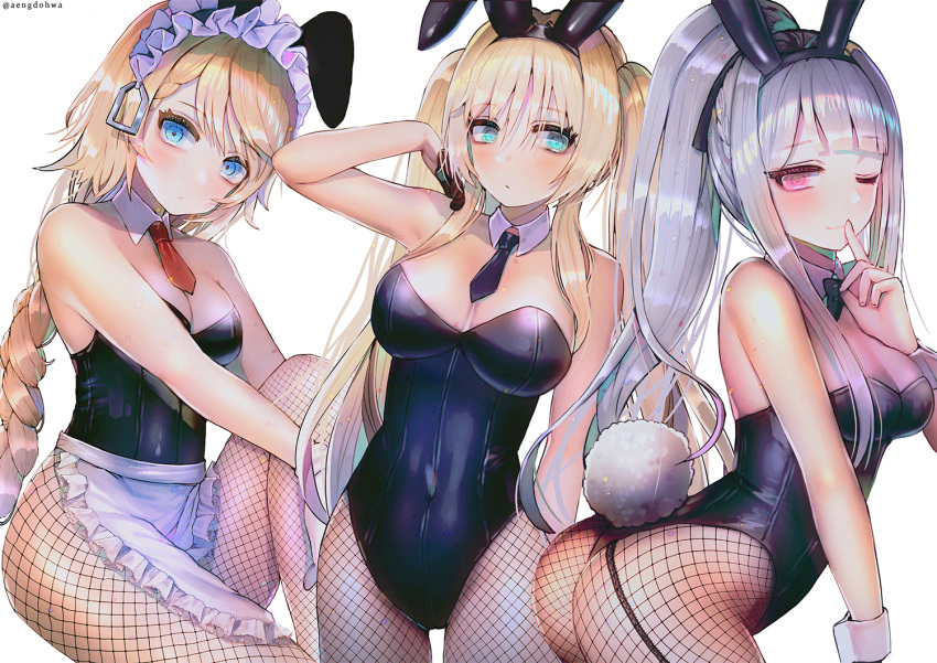 3girls ak-12_(girls_frontline) an-94_(girls_frontline) animal_ears apron aqua_eyes ass bangs black_gloves black_legwear black_neckwear blonde_hair blue_eyes blush bow bowtie braid breasts bunny_tail bunnysuit cleavage closed_mouth confetti covered_navel detached_collar eyebrows_visible_through_hair fake_animal_ears finger_to_mouth fishnet_legwear fishnets french_braid g36_(girls_frontline) girls_frontline gloves hair_between_eyes hairband half_gloves hanato_(seonoaiko) hand_in_hair large_breasts leotard long_hair looking_at_viewer maid_apron maid_headdress medium_breasts multicolored_hair multiple_girls necktie one_eye_closed pantyhose rabbit_ears red_neckwear ribbon shushing sidelocks silver_hair simple_background sitting smile tail twintails very_long_hair violet_eyes waist_apron white_background wrist_cuffs