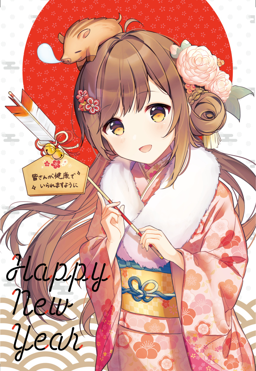 1girl :d ahoge animal arrow bangs bell brown_eyes brown_hair chinese_zodiac commentary_request cona_kinaco cursive egasumi ema eyebrows_visible_through_hair floating_hair floral_print flower fur_collar hair_flower hair_ornament hair_rings hamaya happy_new_year head_tilt highres holding japanese_clothes jingle_bell kimono long_hair long_sleeves looking_at_viewer new_year obi open_mouth original pig pink_kimono print_kimono sash seigaiha sidelocks smile solo standing tassel translated upper_body white_flower wide_sleeves year_of_the_pig