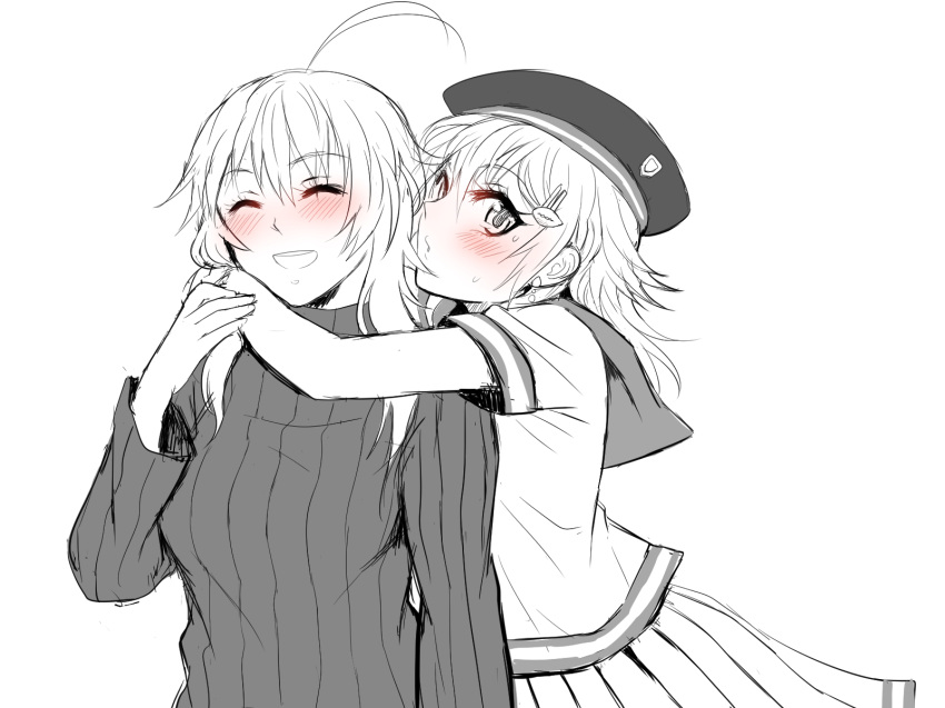 :d ahoge arms_around_neck bangs blush closed_eyes facing_viewer grey_sweater greyscale hair_between_eyes hair_ornament hat highres imminent_kiss lips long_hair long_sleeves looking_at_viewer monochrome open_mouth original pleated_skirt reef ribbed_sweater sailor_collar shirt short_hair short_sleeves simple_background skirt smile spot_color sweater yuri