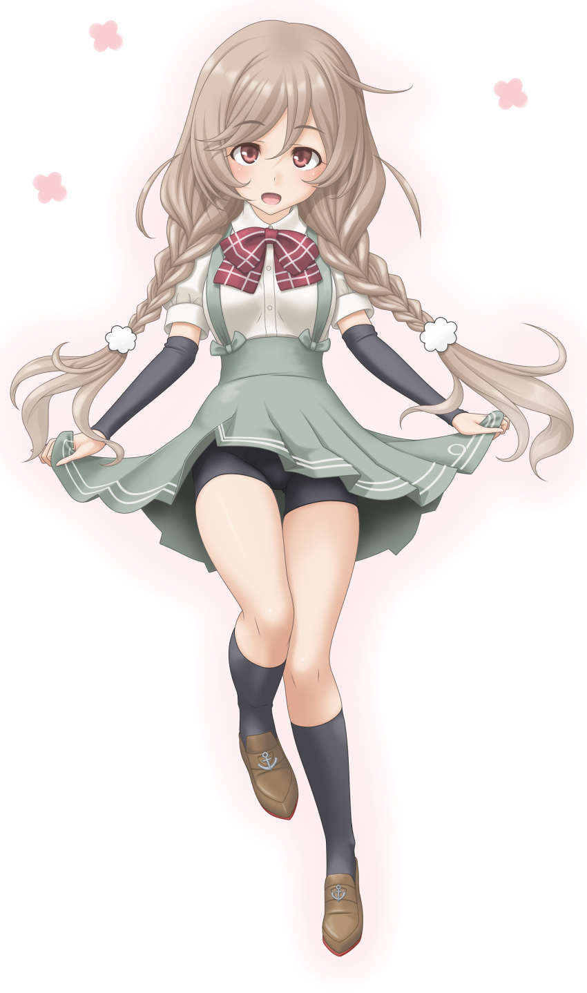 1girl absurdres anchor arm_warmers bike_shorts black_legwear bow bowtie braid breasts brown_eyes brown_footwear collared_shirt eyebrows_visible_through_hair full_body hair_between_eyes highres kantai_collection kneehighs light_brown_hair long_hair looking_at_viewer medium_breasts minegumo_(kantai_collection) open_mouth petals plaid_neckwear pleated_skirt red_neckwear school_uniform shirt shoes short_sleeves shorts shorts_under_skirt simple_background skirt skirt_hold smile solo standing standing_on_one_leg suspender_skirt suspenders t2r twin_braids twintails white_background white_shirt