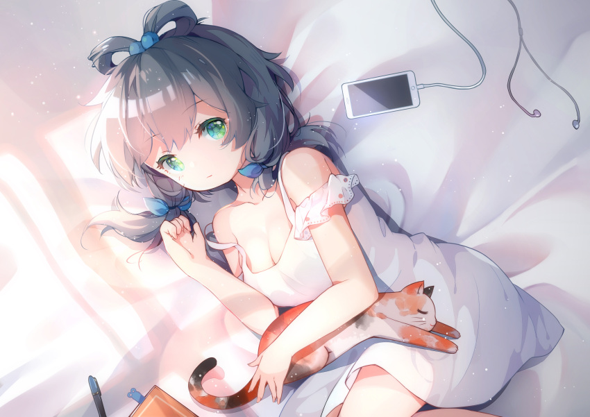 1girl absurdres animal bangs bare_shoulders bed_sheet black_hair blue_ribbon breasts cat cellphone cleavage collarbone commentary_request dress earphones earphones eyebrows_visible_through_hair fingernails green_eyes hair_between_eyes hair_ornament hair_ribbon highres long_hair luo_tianyi lying mechanical_pencil medium_breasts on_side pencil phone ribbon rokusai sleeveless sleeveless_dress solo strap_slip vocaloid vocanese white_dress