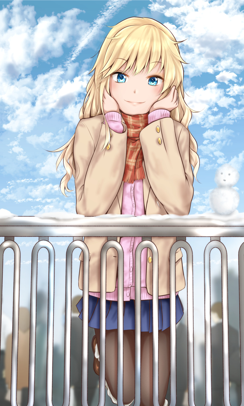 1girl black_legwear blonde_hair blue_eyes blue_skirt blush brown_coat brown_footwear buttons clouds cloudy_sky coat commentary_request day head_rest highres idolmaster idolmaster_cinderella_girls leaning_on_rail leg_up long_hair mee_0w0 ootsuki_yui pantyhose pink_sweater plaid plaid_scarf pleated_skirt railing scarf shoes skirt sky smile snow solo sweater winter_clothes winter_coat