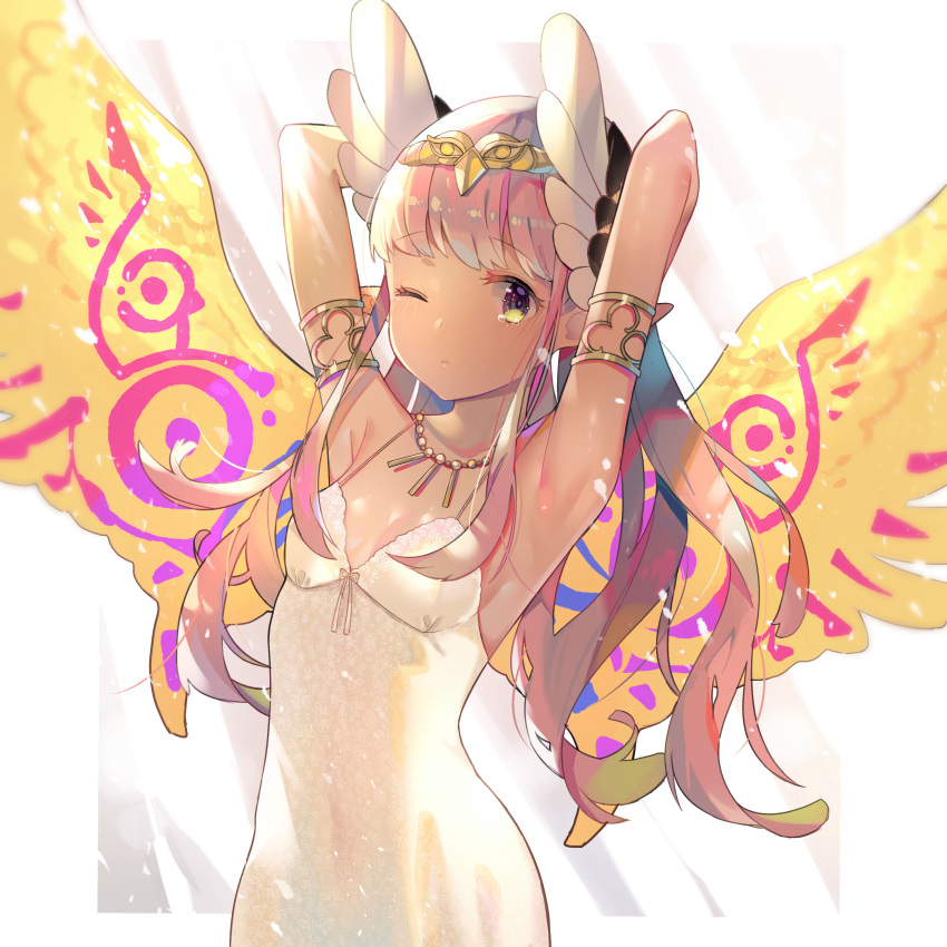 1girl absurdres armlet armpits arms_behind_head arms_up bangs bare_shoulders blush breasts circe_(fate/grand_order) circlet collarbone commentary_request dark_skin dress eyebrows_visible_through_hair fate/grand_order fate_(series) green_eyes head_wings highres jewelry long_hair looking_at_viewer mao_ge multicolored multicolored_eyes multicolored_wings necklace one_eye_closed parted_lips pointy_ears sidelocks sleeveless sleeveless_dress small_breasts solo spaghetti_strap tareme tearing_up upper_body very_long_hair violet_eyes white_dress wings