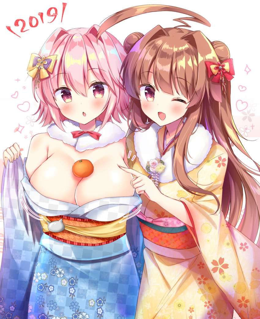 2girls alternate_costume blush breasts brown_eyes brown_hair eyebrows_visible_through_hair floral_print food fruit gradient gradient_background hair_between_eyes hair_ornament hairclip happy_new_year heart highres japanese_clothes kantai_collection kimono kuma_(kantai_collection) large_breasts long_hair mandarin_orange masayo_(gin_no_ame) multiple_girls new_year no_bra one_eye_closed open_mouth pink_hair red_eyes short_hair tama_(kantai_collection) yukata