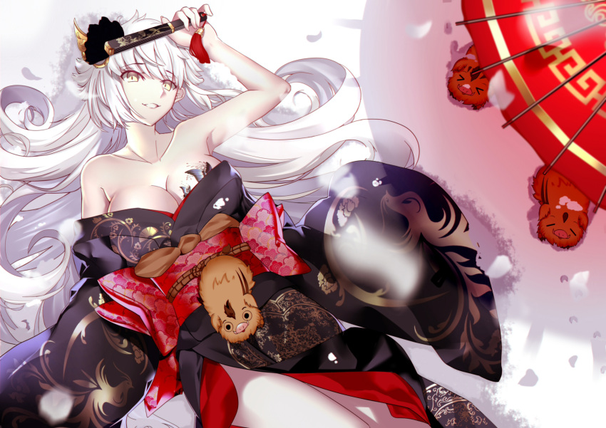 1girl absurdres bangs bare_shoulders black_kimono blush breasts cleavage eyebrows_visible_through_hair fan fate/grand_order fate_(series) folding_fan highres holding holding_fan japanese_clothes jeanne_d'arc_(alter)_(fate) jeanne_d'arc_(fate) jeanne_d'arc_(fate)_(all) kimono large_breasts long_hair looking_at_viewer lying off_shoulder on_back oriental_umbrella paperfinger parted_lips sidelocks silver_hair smile solo umbrella yellow_eyes