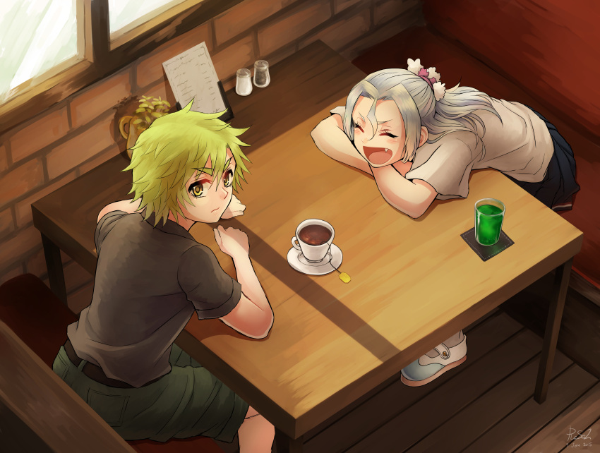 2girls :d absurdres bangs belt black_belt black_shirt black_skirt blush booth brick_wall chin_rest closed_eyes closed_mouth commentary crossed_arms cup dated english_commentary fang from_above glass green_hair green_shorts grey_hair hair_between_eyes highres indoors light_frown looking_at_viewer menu multiple_girls napkin open_mouth original pepper_shaker pleated_skirt reef salt_shaker saucer shirt short_hair short_sleeves shorts signature sitting skirt smile tea teabag teacup white_shirt window wooden_floor yellow_eyes